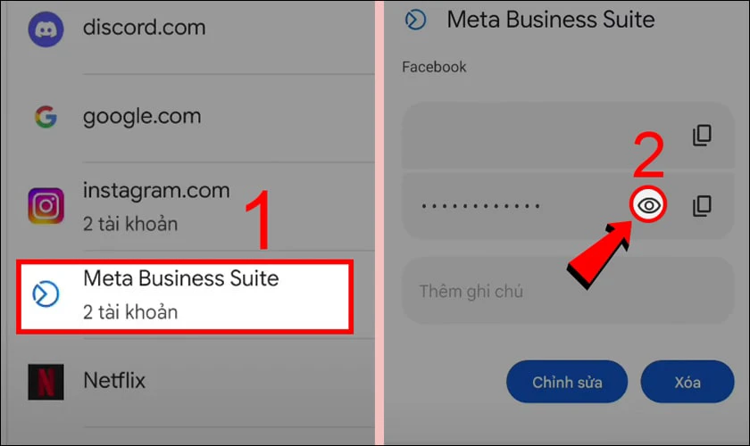 Chọn Meta Business Suite và chọn biểu tượng con mắt