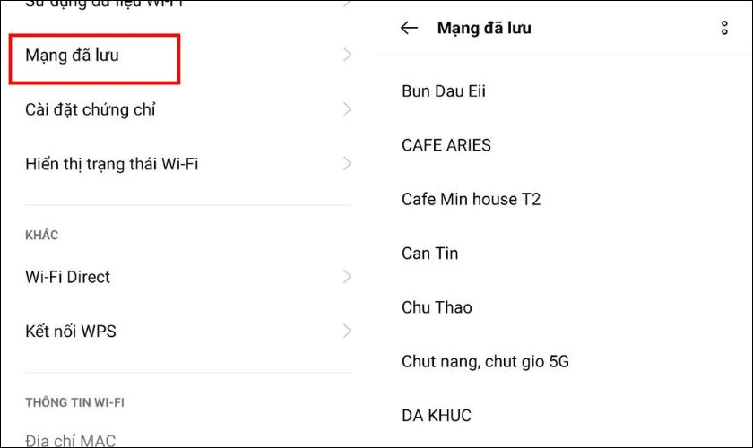 Chọn vào Cài đặt nâng cao, chọn mục Mạng đã lưu