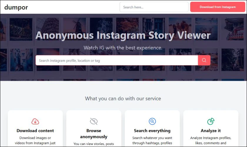Dumpor là trang web cho phép xem story Instagram ẩn danh