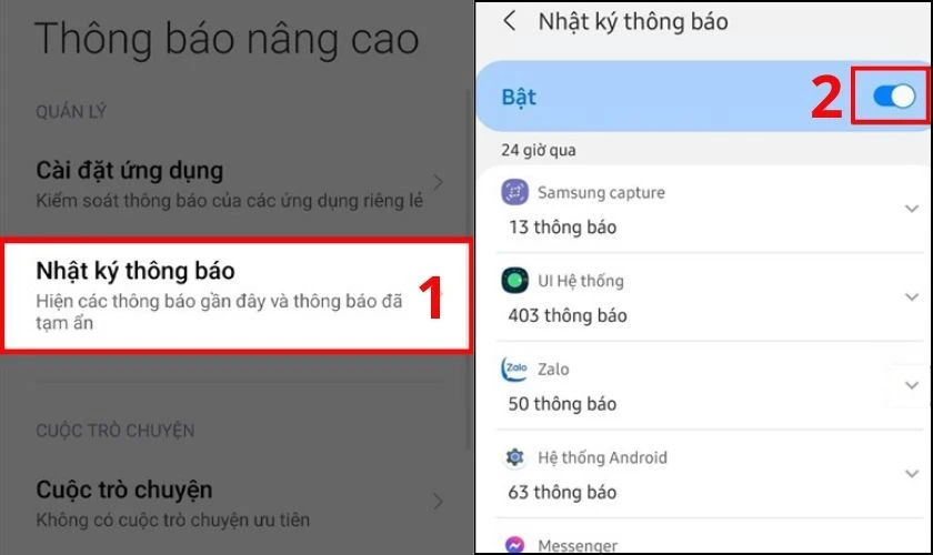 Bật tính năng Nhật ký thông báo