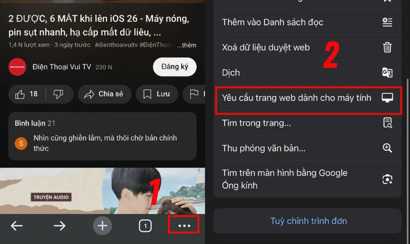 Nhấn biểu tượng ba chấm góc phải, chọn Yêu cầu trang web máy tính