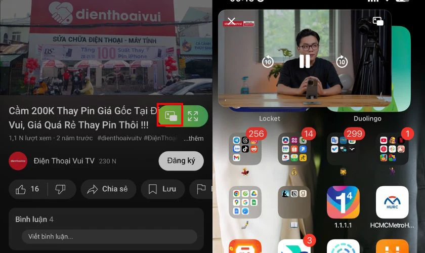 Nhấn nút Phát trong cửa sổ nổi ở góc video