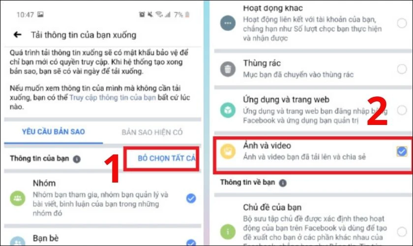 Trong phần Yêu cầu bản sao, bạn Bỏ chọn tất cả các mục khác và chỉ giữ lại Ảnh và video