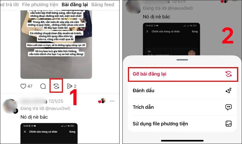 Mở từng bài đăng lại, nhấn vào nút Đăng lại