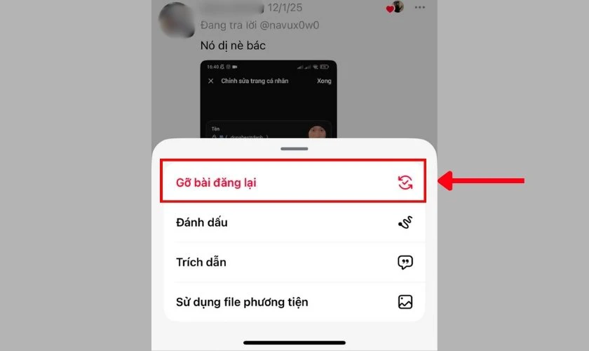 Chọn Gỡ bài đăng lại để xóa bài đăng lại trên Threads