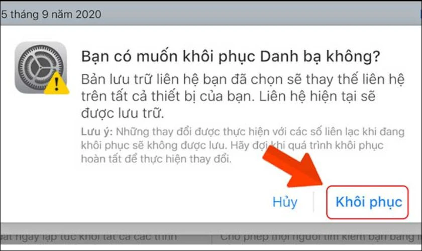Nhấn Khôi phục để xác nhận