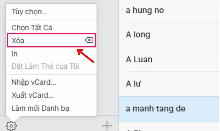 Nhấn vào biểu tượng Cài đặt ở góc trái, sau đó chọn tùy chọn Xóa