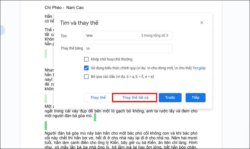 Nhấn “Thay thế tất cả” (Replace all) để xóa dòng trống trong Google Docs