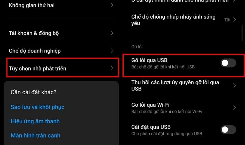 Trong Cài đặt bổ sung, bạn chọn Tùy chọn nhà phát triển và gạt bật công tắc tại mục Gỡ lỗi USB