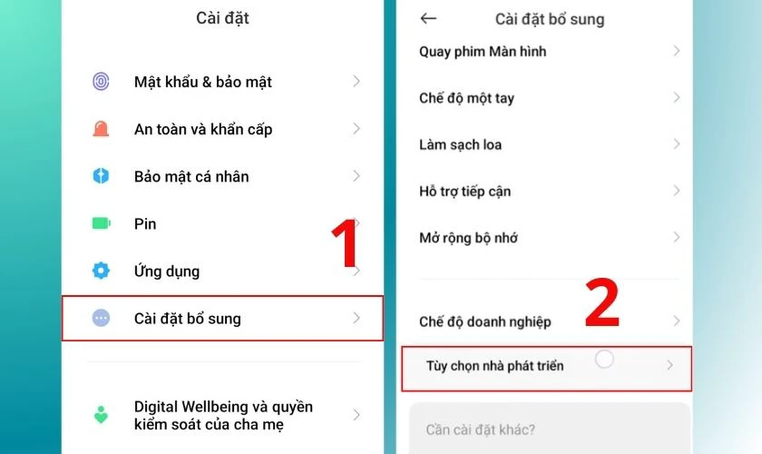 Chọn Cài đặt bổ sung, chọn tiếp Tùy chọn nhà phát triển