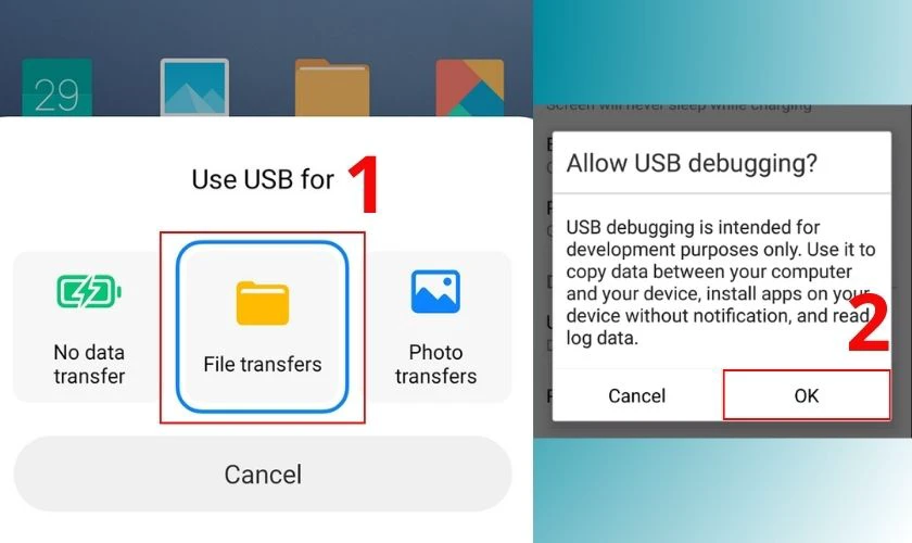Nhấn OK nếu máy yêu cầu bật USB Debugging