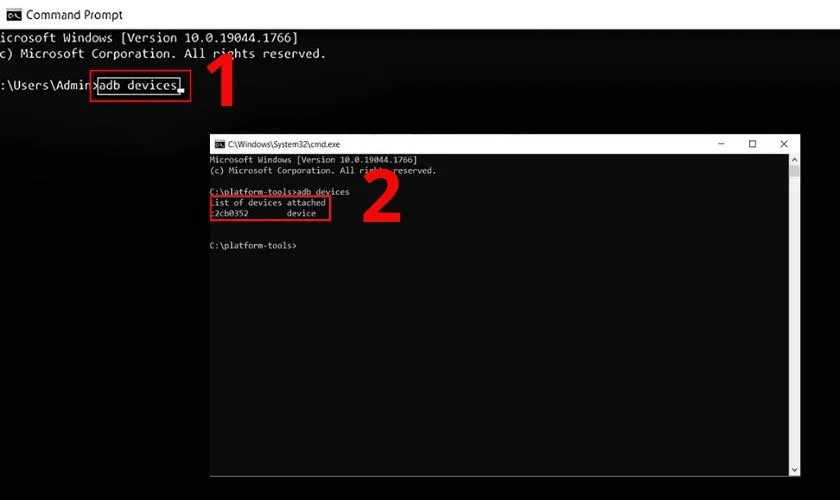 Gõ lệnh adb devices