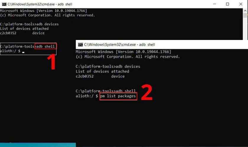 Nhập lệnh adb shell và lệnh pm list packages