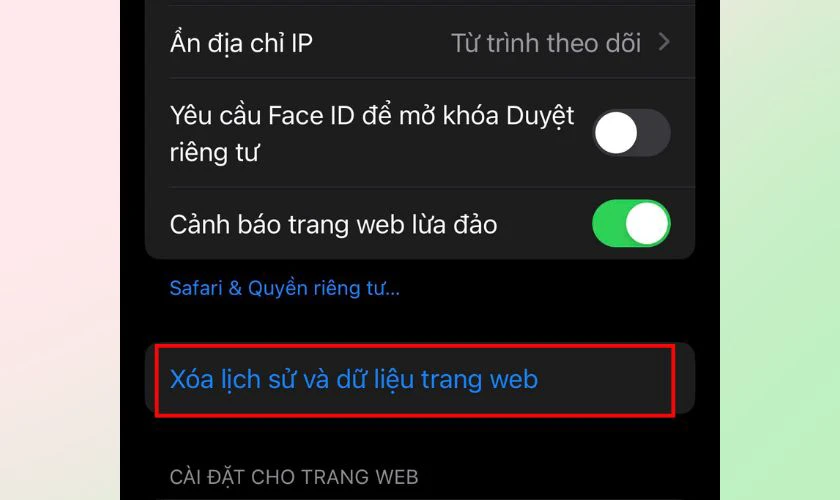 Chọn Xóa lịch sử và dữ liệu trang web