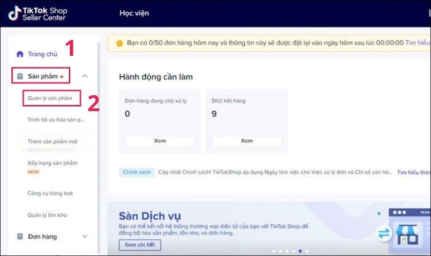 Chọn mục “Sản phẩm” và mục “Quản lý sản phẩm”