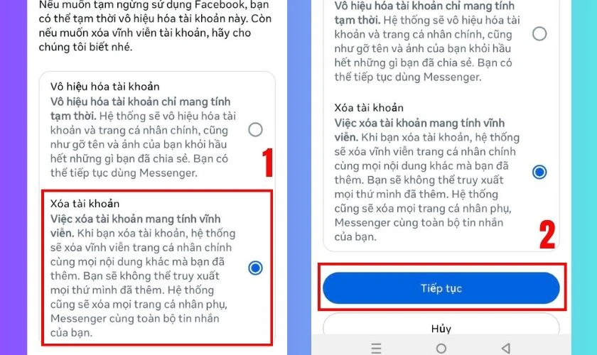 Chọn tùy chọn Xóa tài khoản, sau đó nhấn Tiếp tục xóa tài khoản