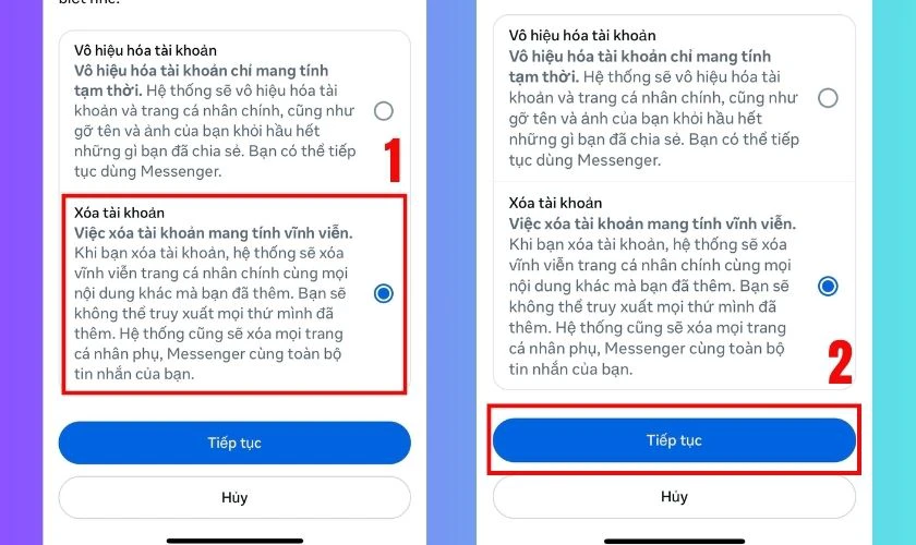 Nhấn vào Xóa tài khoản, sau đó chọn Tiếp tục