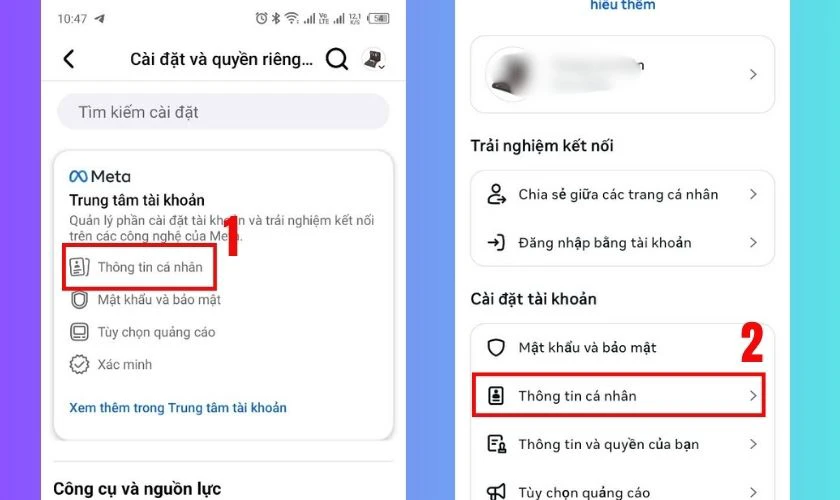 Chọn Thông tin cá nhân trong danh sách hiển thị