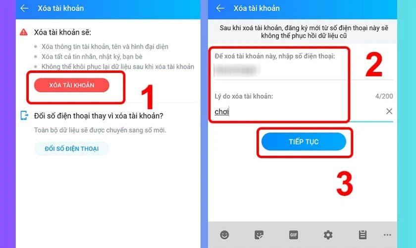 Nhấn vào nút Xóa tài khoản, nhập số điện thoại đăng ký