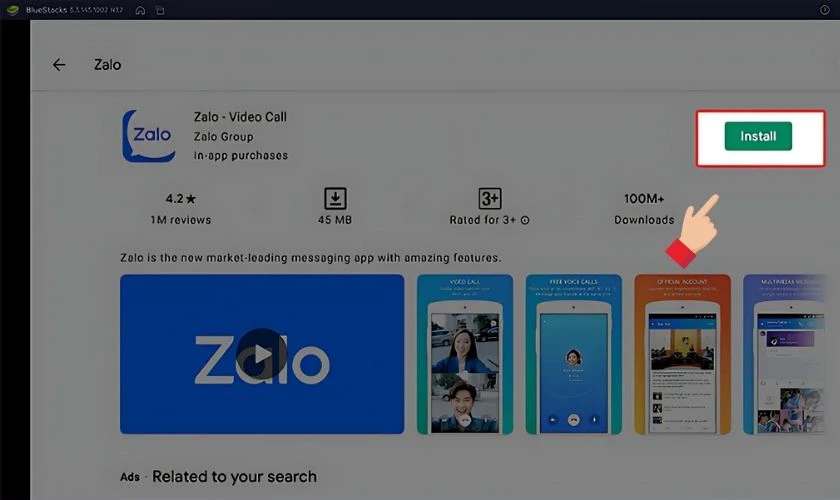 Mở BlueStacks, tìm và cài đặt ứng dụng Zalo