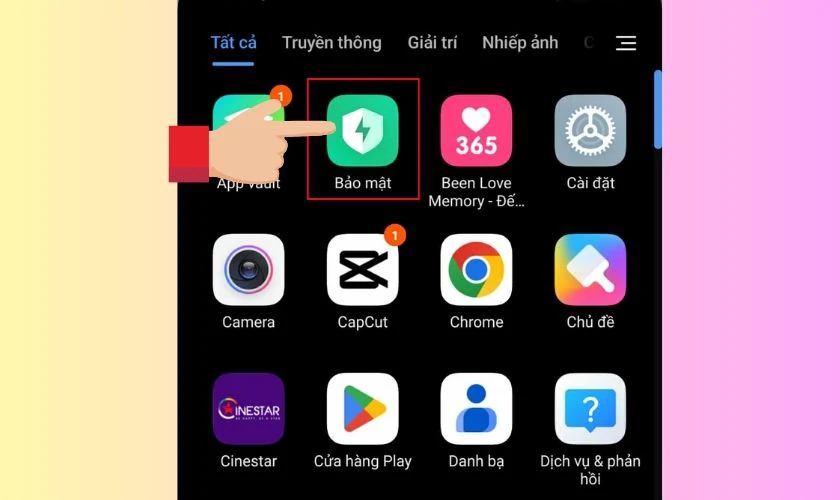 Trên màn hình chính, tìm và mở ứng dụng Bảo mật