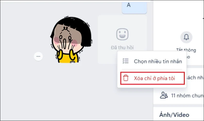 Nhấn chuột phải vào thông báo Đã thu hồi rồi chọn Xóa chỉ ở phía tôi để hoàn tất