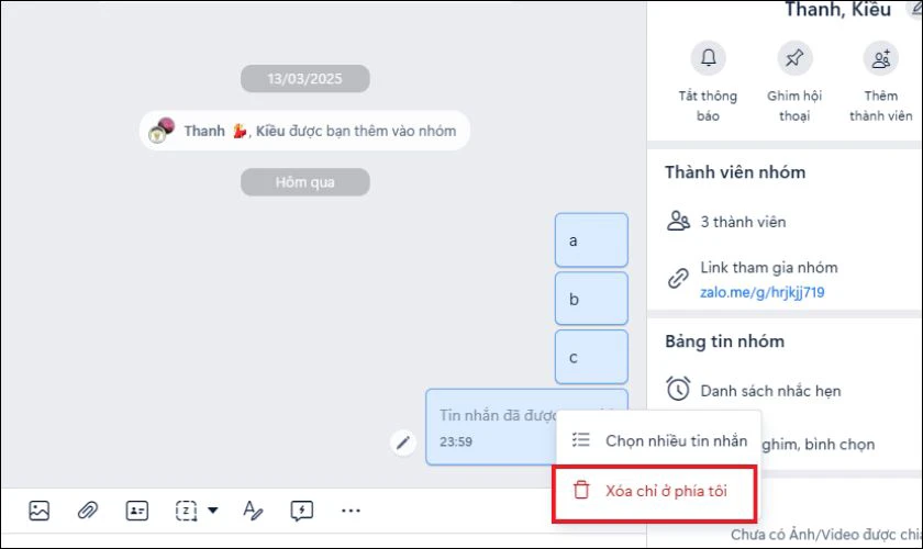Nhấn chuột phải vào thông báo Tin nhắn đã được thu hồi rồi chọn Xóa chỉ ở phía tôi
