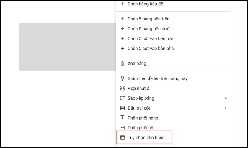 Tùy chọn cho bảng