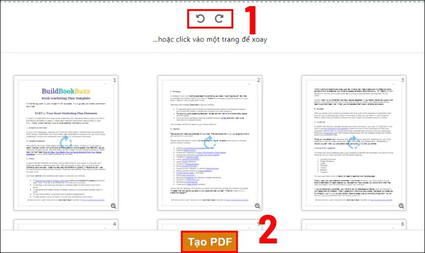 Nhấn biểu tượng xoay trái, phải để xoay file, rồi nhấn vào nút Tạo PDF ở phía dưới