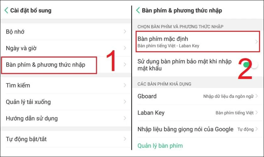 Chọn Bàn phím và phương thức nhập và chọn Bàn phím mặc định