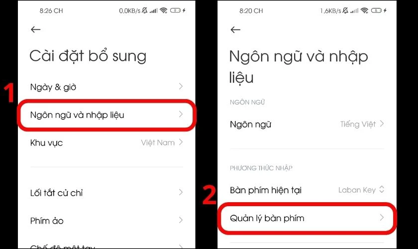 Vào mục Ngôn ngữ và nhập liệu và chọn tiếp Quản lý bàn phím