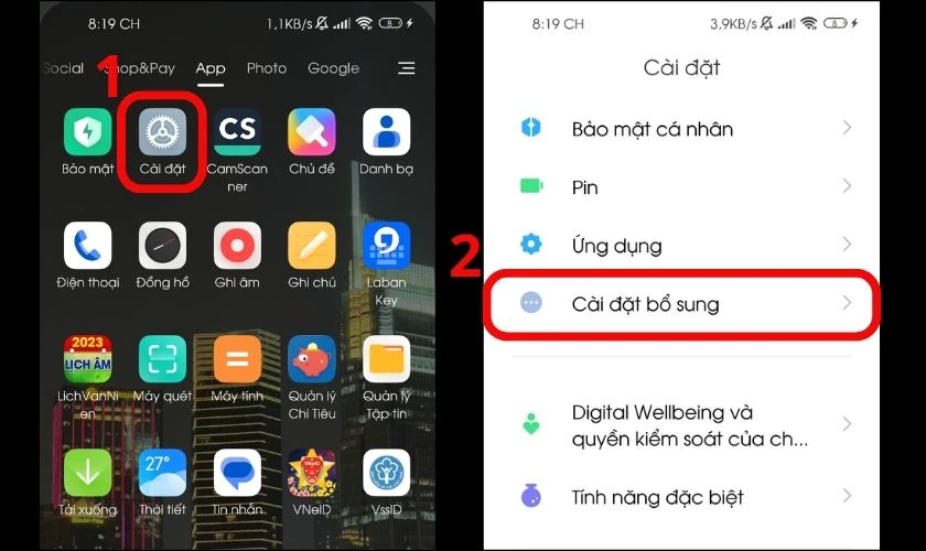 Vào Cài đặt và chọn Cài đặt bổ sung