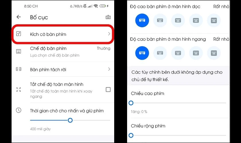 Chọn Kích cỡ bàn phím mà bạn mong muốn