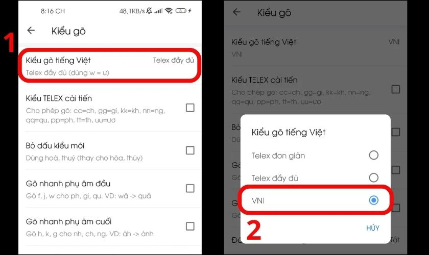 Chọn kiểu gõ tiếng Việt mà bạn muốn sử dụng