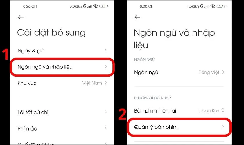 Vào Ngôn ngữ và nhập liệu rồi chọn Quản lý bàn phím