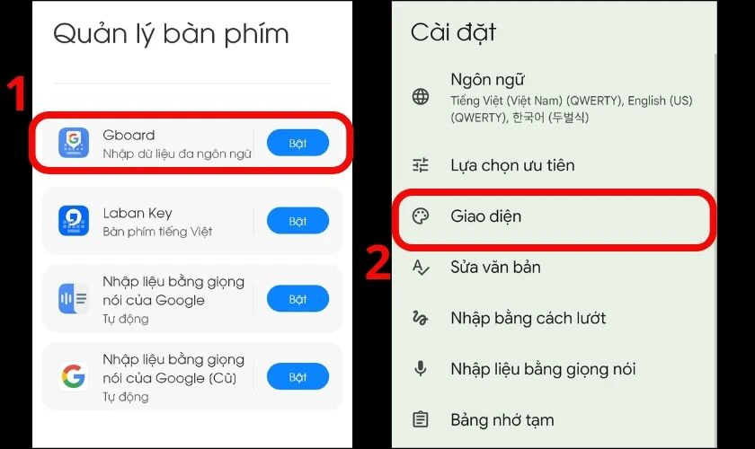 Chọn Gboard rồi nhấn vào mục Giao diện