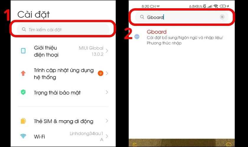 Nhập Gboard vào khung tìm kiếm trong phần Cài đặt