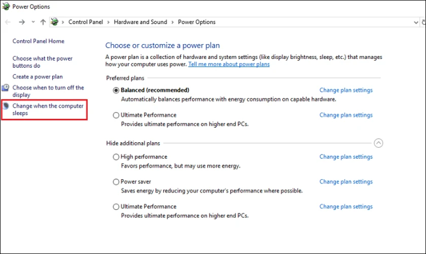 Chọn mục Change when the computer sleeps
