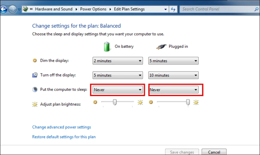 Chọn Never ở cả cột On battery và cột Plugged in