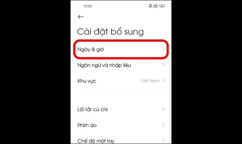 Tìm và chọn mục Ngày & giờ