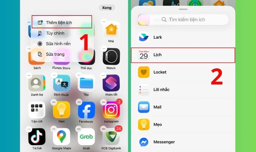 Chọn Thêm tiện ích (Add Widgets) và lướt xuống tìm mục ứng dụng Lịch