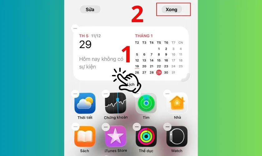 Di chuyển mục ghim Lịch đến vị trí mà bạn muốn và bấm Xong