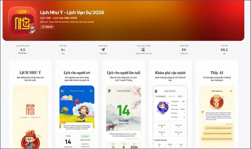 Lịch Như Ý hỗ trợ xem lịch âm kết hợp nhiều tính năng phong thủy hữu ích