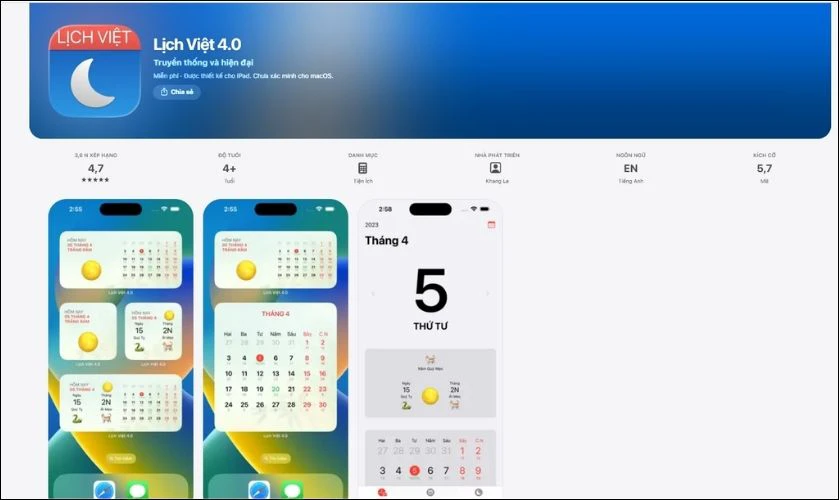 Lịch Việt 4.0 hỗ trợ hiển thị song song lịch âm và lịch dương