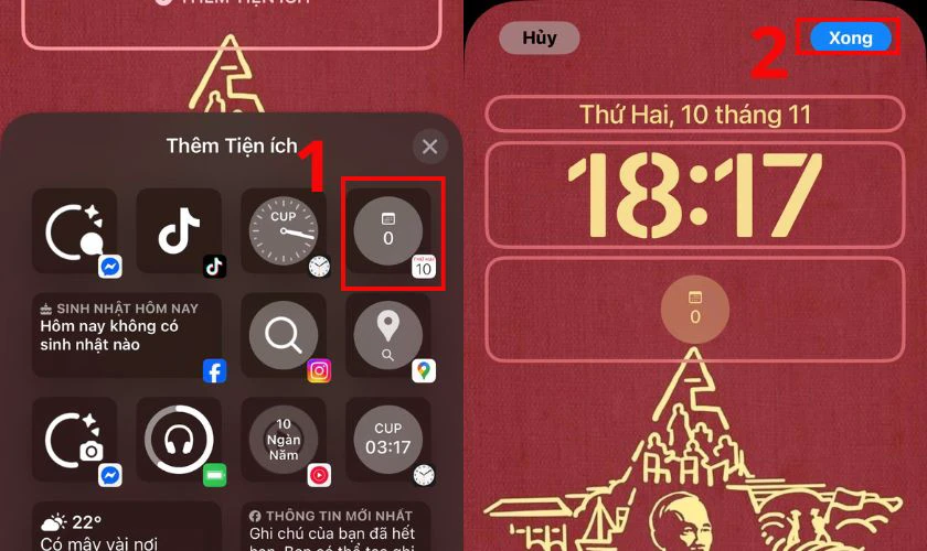 Chọn Lịch rồi kéo thả tiện ích lịch âm vào vị trí mong muốn rồi nhấn Xong để lưu