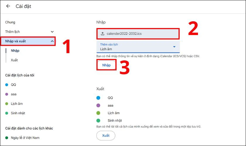 Nhập tệp lịch âm vào Google Calendar