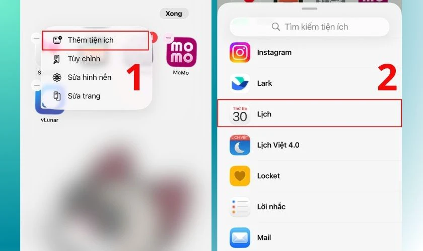 Chọn Thêm tiện ích và lướt xuống chọn ứng dụng Lịch