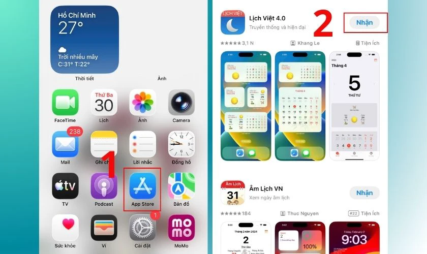 Tìm kiếm từ khóa Lịch Việt, nhấn Nhận (Download)