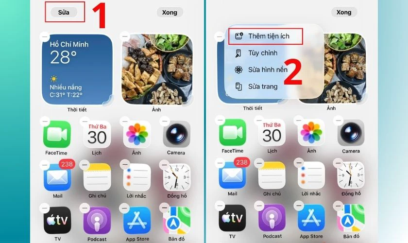 Chọn nút Sửa ở góc trên và chọn Thêm tiện ích