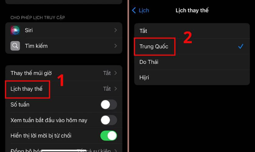 Nhấn vào dòng Lịch thay thế và chọn Trung Quốc
